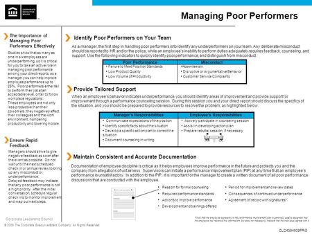 Corporate Leadership Council © 2009 The Corporate Executive Board Company. All Rights Reserved. Managing Poor Performers Identify Poor Performers on Your.
