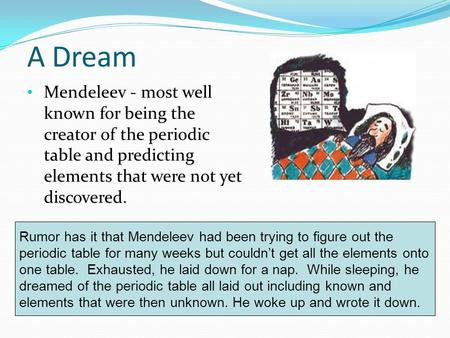 A Dream Mendeleev - most well known for being the creator of the periodic table and predicting elements that were not yet discovered. Rumor has it.