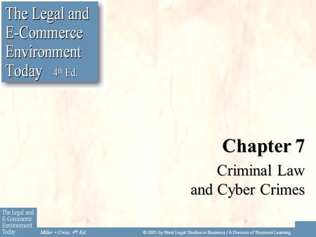 Miller Cross 4 th Ed. © 2005 by West Legal Studies in Business / A Division of Thomson Learning Chapter 7 Criminal Law and Cyber Crimes.