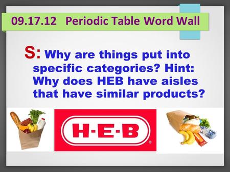 09.17.12 Periodic Table Word Wall S: Why are things put into specific categories? Hint: Why does HEB have aisles that have similar products?