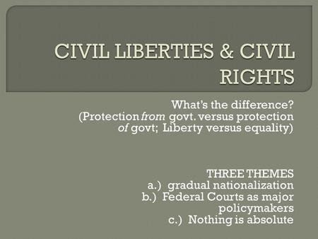 What’s the difference? (Protection from govt. versus protection of govt; Liberty versus equality) THREE THEMES a.) gradual nationalization b.) Federal.