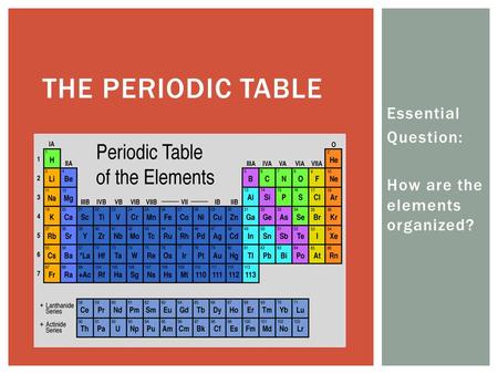 Essential Question: How are the elements organized? THE PERIODIC TABLE.