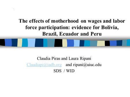 The effects of motherhood on wages and labor force participation: evidence for Bolivia, Brazil, Ecuador and Peru Claudia Piras and Laura Ripani