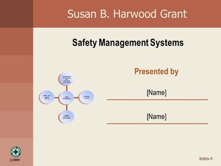 ©2009 Susan B. Harwood Grant Safety Management Systems Safety Management Worksite Analysis Management Commitment and Employee Involvement Hazard Prevention.
