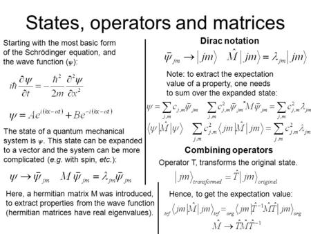 States, operators and matrices Starting with the most basic form of the Schrödinger equation, and the wave function (  ): The state of a quantum mechanical.