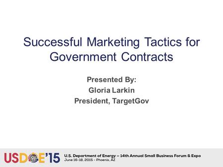 Successful Marketing Tactics for Government Contracts Presented By: Gloria Larkin President, TargetGov.