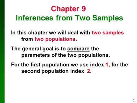 1 Chapter 9 Inferences from Two Samples In this chapter we will deal with two samples from two populations. The general goal is to compare the parameters.