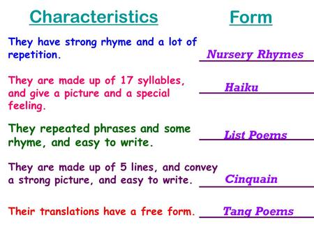 Characteristics Form Nursery Rhymes Haiku List Poems Cinquain