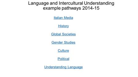 Language and Intercultural Understanding example pathways 2014-15 Italian Media History Global Societies Gender Studies Culture Political Understanding.