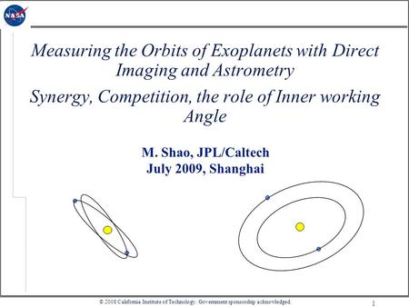 1 M. Shao, JPL/Caltech July 2009, Shanghai Measuring the Orbits of Exoplanets with Direct Imaging and Astrometry Synergy, Competition, the role of Inner.