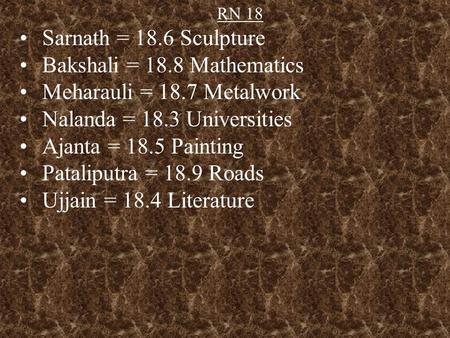 RN 18 Sarnath = 18.6 Sculpture Bakshali = 18.8 Mathematics Meharauli = 18.7 Metalwork Nalanda = 18.3 Universities Ajanta = 18.5 Painting Pataliputra =