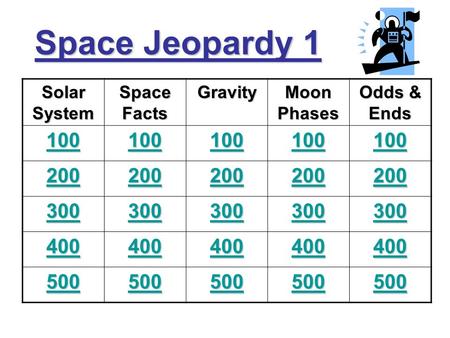Space Jeopardy 1 Solar System Space Facts Gravity Moon Phases Odds & Ends 100 200 300 400 500.