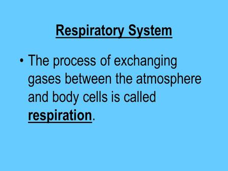 Respiratory System The process of exchanging gases between the atmosphere and body cells is called respiration.