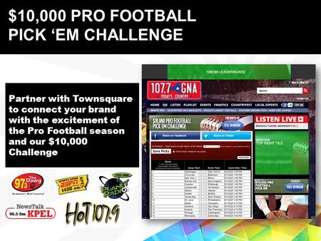 Partner with Townsquare to connect your brand with the excitement of the Pro Football season and our $10,000 Challenge Proprietary & Confidential $10,000.