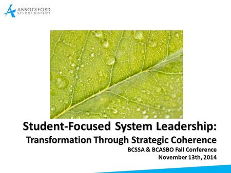 Student-Focused System Leadership: Transformation Through Strategic Coherence BCSSA & BCASBO Fall Conference November 13th, 2014.