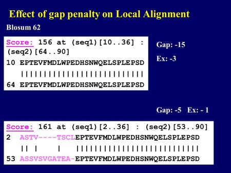Effect of gap penalty on Local Alignment Score:Score: 161 at (seq1)[2..36] : (seq2)[53..90] 2 ASTV----TSCLEPTEVFMDLWPEDHSNWQELSPLEPSD || | | |||||||||||||||||||||||||||