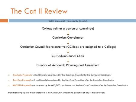 The Cat II Review Cat IIs are normally reviewed by (in order): College (either a person or committee) Curriculum Coordinator Curriculum Council Representative.