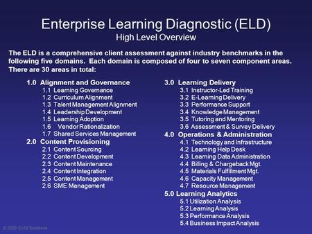 © 2009 GVM Solutions Enterprise Learning Diagnostic (ELD) High Level Overview 1.0 Alignment and Governance 1.1 Learning Governance 1.2 Curriculum Alignment.