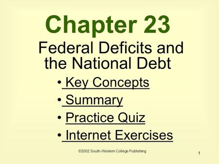1 Chapter 23 Federal Deficits and the National Debt Key Concepts Key Concepts Summary Practice Quiz Internet Exercises Internet Exercises ©2002 South-Western.