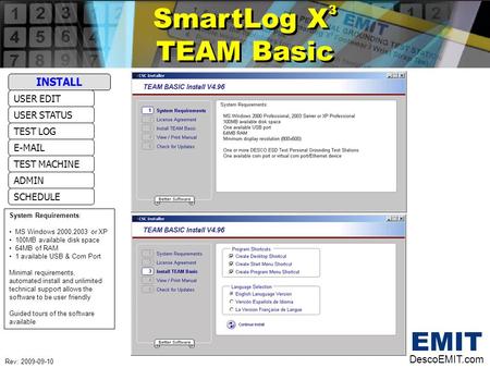 SmartLog X 3 TEAM Basic SmartLog X 3 TEAM Basic DescoEMIT.com USER STATUS USER EDIT E-MAIL TEST LOG ADMIN TEST MACHINE SCHEDULE INSTALL System Requirements: