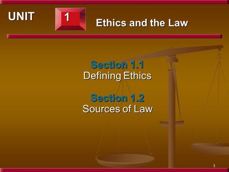 UNIT 1 Ethics and the Law Section 1.1 Defining Ethics Section 1.2