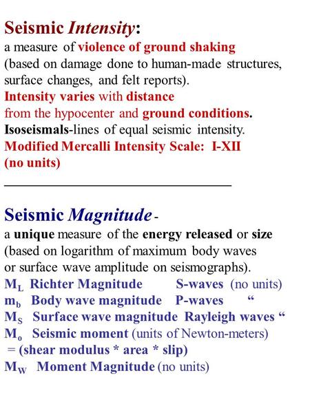 Seismic Intensity: a measure of violence of ground shaking (based on damage done to human-made structures, surface changes, and felt reports). Intensity.
