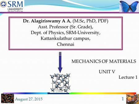 August 27, 2015 1 Dr. Alagiriswamy A A, (M.Sc, PhD, PDF) Asst. Professor (Sr. Grade), Dept. of Physics, SRM-University, Kattankulathur campus, Chennai.
