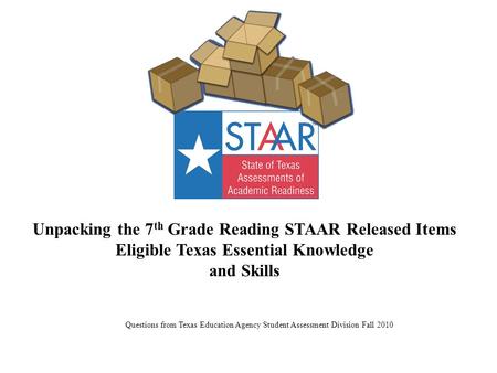 Unpacking the 7 th Grade Reading STAAR Released Items Eligible Texas Essential Knowledge and Skills Questions from Texas Education Agency Student Assessment.