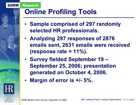 HR: Leading People, Leading Organizations © 2006 SHRM SHRM Weekly Online Survey: September 19, 2006 Online Profiling Tools Sample comprised of 297 randomly.