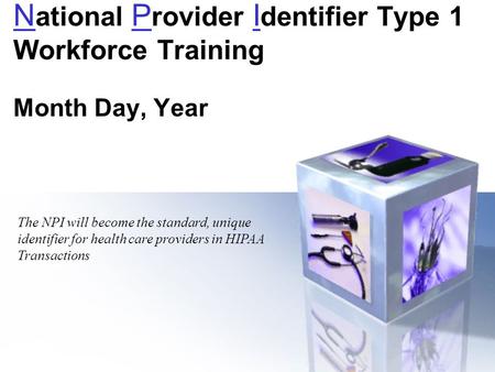 N ational P rovider I dentifier Type 1 Workforce Training Month Day, Year The NPI will become the standard, unique identifier for health care providers.