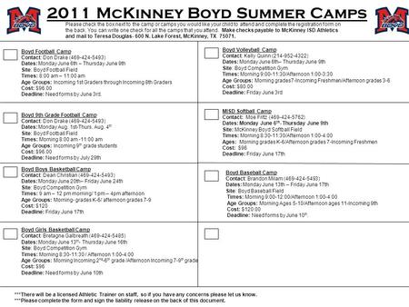 2011 McKinney Boyd Summer Camps Please check the box next to the camp or camps you would like your child to attend and complete the registration form on.