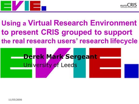 11/05/2006 Using a Virtual Research Environment to present CRIS grouped to support the real research users’ research lifecycle Derek Mark Sergeant University.