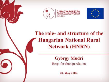 1 The role- and structure of the Hungarian National Rural Network (HNRN) György Mudri Resp. for foreign relation 28. May 2009.