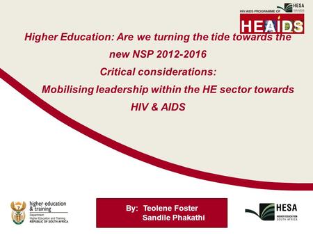 Higher Education: Are we turning the tide towards the new NSP 2012-2016 Critical considerations: Mobilising leadership within the HE sector towards HIV.
