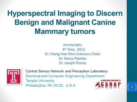 Hyperspectral Imaging to Discern Benign and Malignant Canine Mammary tumors Control Sensor Network and Perception Laboratory Electrical and Computer Engineering.
