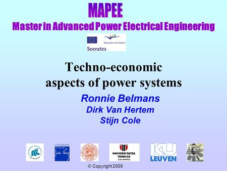 Master in Advanced Power Electrical Engineering © Copyright 2005 Techno-economic aspects of power systems Ronnie Belmans Dirk Van Hertem Stijn Cole.