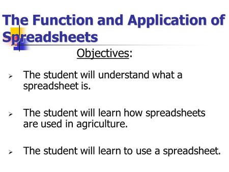 The Function and Application of Spreadsheets Objectives:  The student will understand what a spreadsheet is.  The student will learn how spreadsheets.