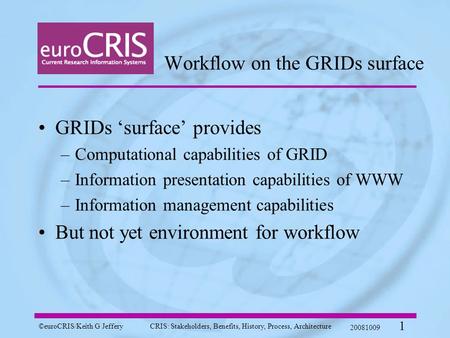 ©euroCRIS/Keith G JefferyCRIS: Stakeholders, Benefits, History, Process, Architecture 20081009 1 Workflow on the GRIDs surface GRIDs ‘surface’ provides.