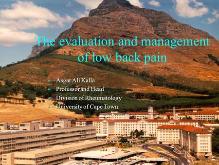 The evaluation and management of low back pain  Asgar Ali Kalla  Professor and Head  Division of Rheumatology  University of Cape Town.