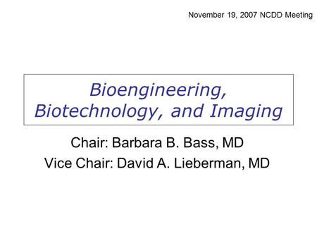 Bioengineering, Biotechnology, and Imaging November 19, 2007 NCDD Meeting Chair: Barbara B. Bass, MD Vice Chair: David A. Lieberman, MD.