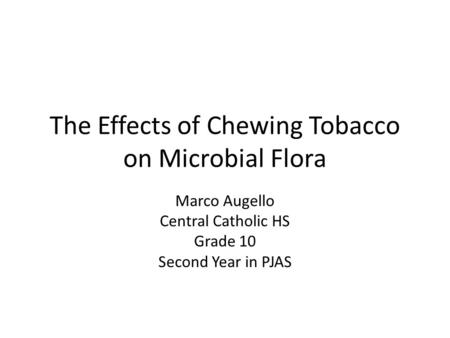 The Effects of Chewing Tobacco on Microbial Flora Marco Augello Central Catholic HS Grade 10 Second Year in PJAS.