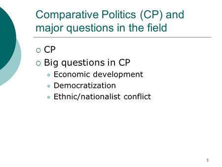 Comparative Politics (CP) and major questions in the field  CP  Big questions in CP Economic development Democratization Ethnic/nationalist conflict.