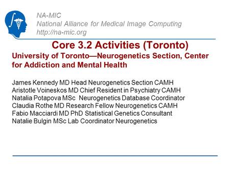 NA-MIC National Alliance for Medical Image Computing  Core 3.2 Activities (Toronto) University of Toronto—Neurogenetics Section, Center.