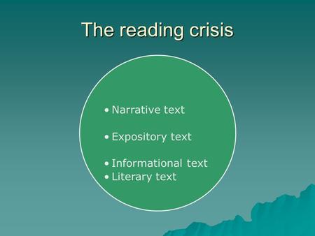 The reading crisis Narrative text Expository text Informational text Literary text.