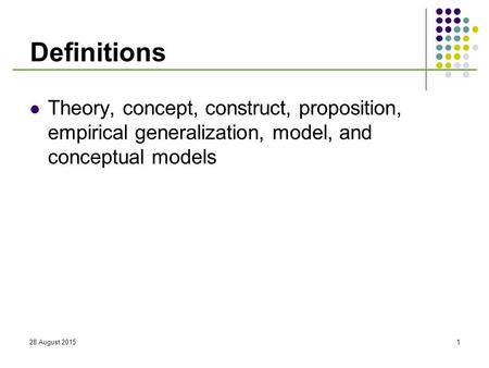 Definitions Theory, concept, construct, proposition, empirical generalization, model, and conceptual models 20 April 2017.