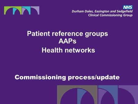 Commissioning process/update Patient reference groups AAPs Health networks.