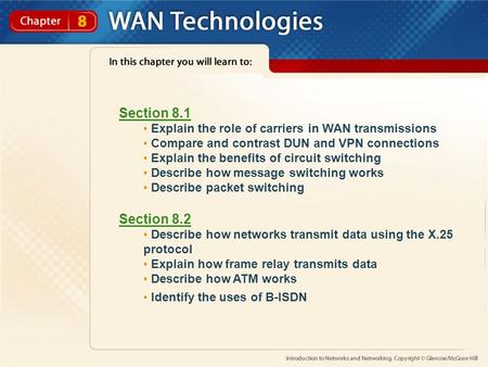 Section 8.1 Explain the role of carriers in WAN transmissions Compare and contrast DUN and VPN connections Explain the benefits of circuit switching Describe.