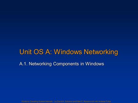 Windows Operating System Internals - by David A. Solomon and Mark E. Russinovich with Andreas Polze Unit OS A: Windows Networking A.1. Networking Components.