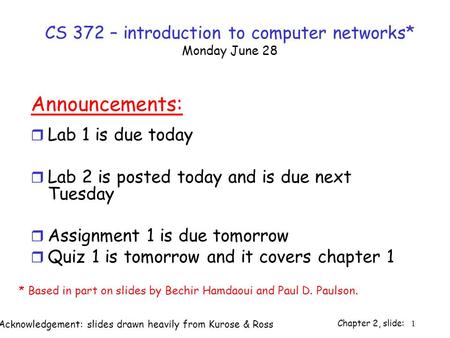 Chapter 2, slide: 1 CS 372 – introduction to computer networks* Monday June 28 Announcements: r Lab 1 is due today r Lab 2 is posted today and is due next.
