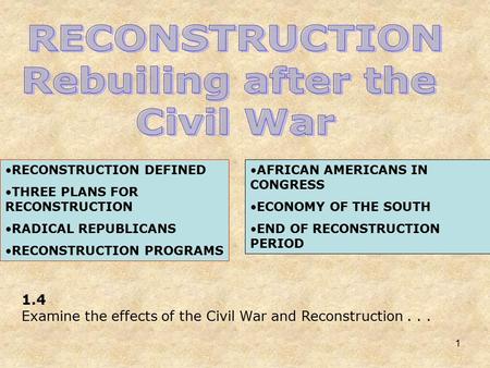 1 RECONSTRUCTION DEFINED THREE PLANS FOR RECONSTRUCTION RADICAL REPUBLICANS RECONSTRUCTION PROGRAMS 1.4 Examine the effects of the Civil War and Reconstruction...